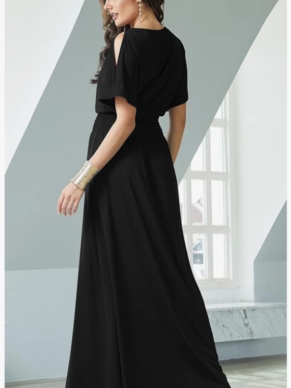 Black Cold-Shoulder Maxi Dress with Smocked Waist